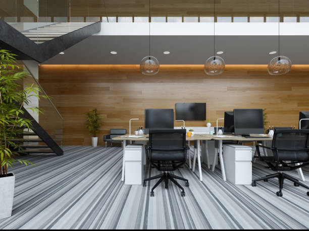 interior modern open space office 3d illustration - concret imagens e fotografias de stock