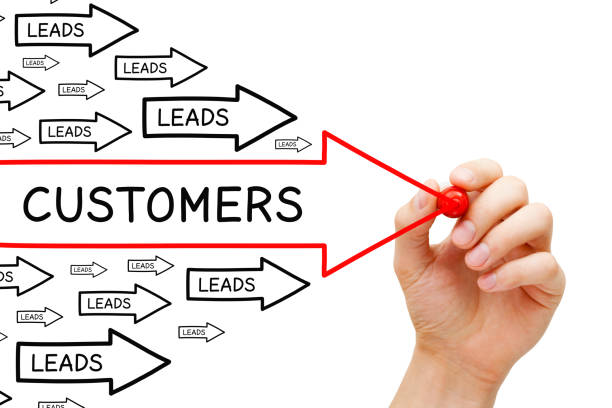 Leads Customers Conversion Arrows Concept Hand drawing from Leads to Customers conversion concept with marker on transparent wipe board. lead stock pictures, royalty-free photos & images