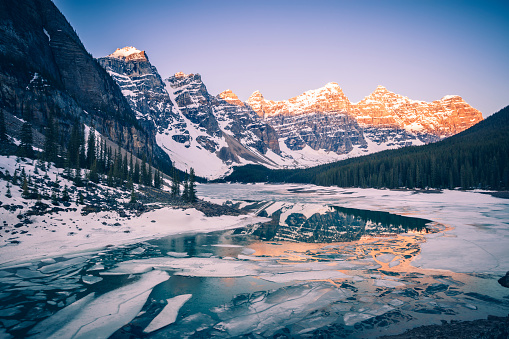 Frozen Moraine Lake in Banff National Park. \nBanff National Park,Alberta, Canada.