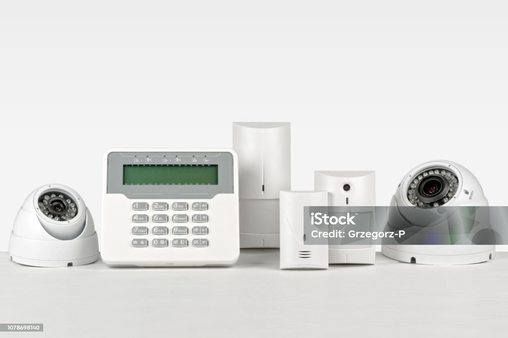 Protection system devices A set of devices for the CCTV alarm system Burglar Alarm Stock Photo