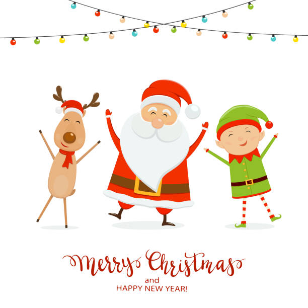 Happy Santa with Elf and Christmas Deer on White Background Happy Santa Claus, elf and reindeer with colorful Christmas lights isolated on white background. Text Merry Christmas and Happy New Year, illustration. santas helpers stock illustrations