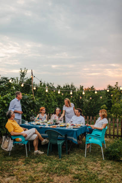 al fresco meal - dining senior adult friendship mature adult imagens e fotografias de stock