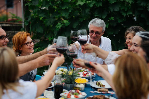 Al Fresco Meal Group of friends sitting in back yard and enjoying al fresco dining. Cheering with red wine. 8564 stock pictures, royalty-free photos & images