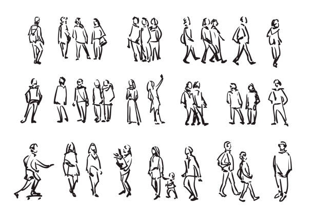 ilustraciones, imágenes clip art, dibujos animados e iconos de stock de bosquejo de la gente. casual grupo de siluetas de personas. esquema mano dibujo ilustración - sketch
