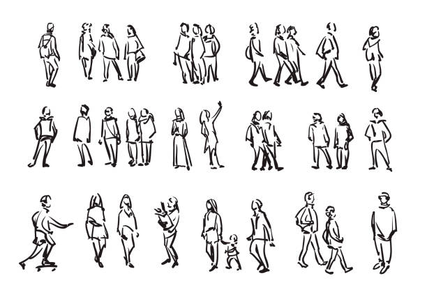 illustrations, cliparts, dessins animés et icônes de croquis de personnes. groupe occasionnel des silhouettes de personnes. main de contour dessin illustration - family silhouette people women