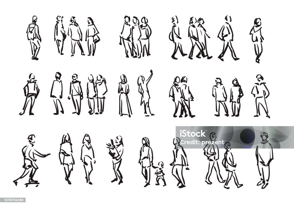 People sketch. Casual group of people silhouettes. Outline hand drawing illustration People stock vector