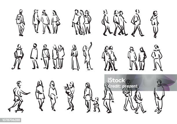 People Sketch Casual Group Of People Silhouettes Outline Hand Drawing Illustration Stock Illustration - Download Image Now