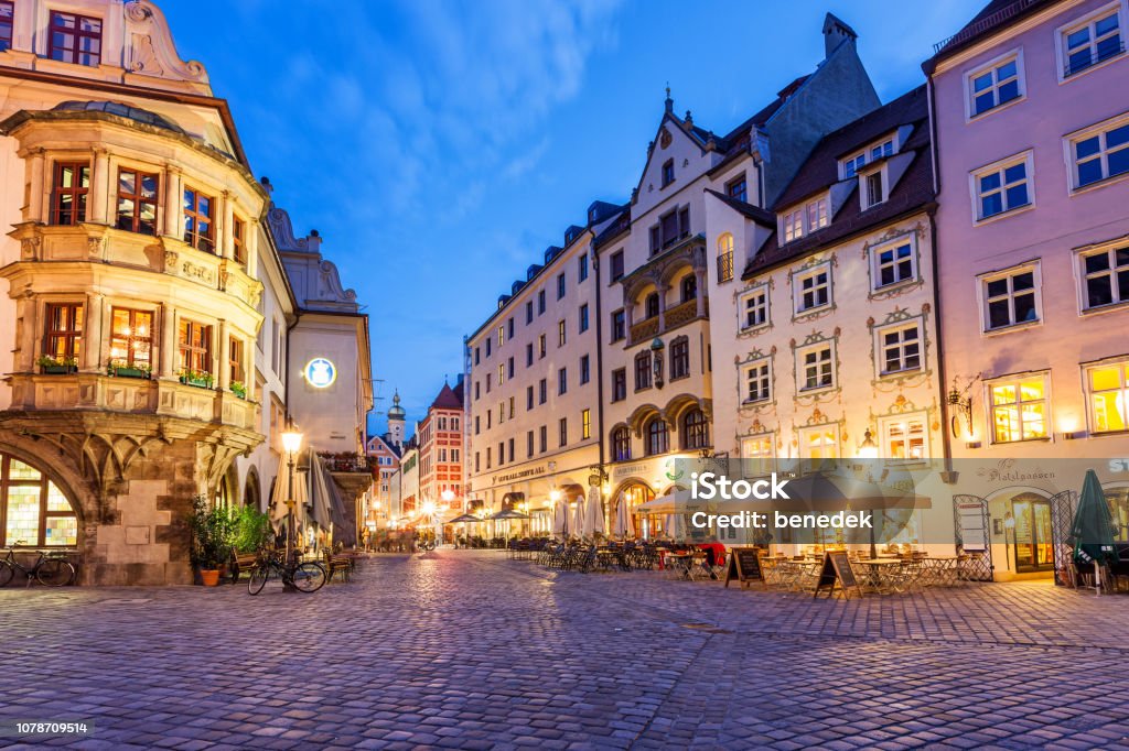 Restaurants on Platzl square in downtown Munich Germany Stock photograph of restaurant patios on Platzl square in downtown Munich Germany Munich Stock Photo