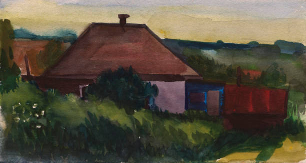 istock Watercolor of a rural house surrounded by greenery. 1078714218