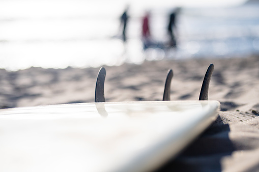 Close up of a surfboard in the sand. There are surfers who are blurry in the background. The focus is on the fins.
