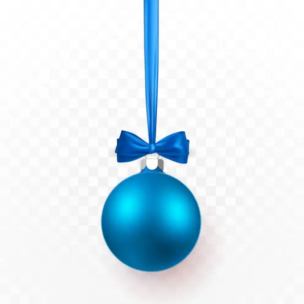 Vector illustration of Blue Christmas ball with blue bow. Xmas glass ball on transparent background. Holiday decoration template. Vector illustration