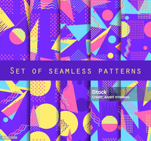 Seamless Pattern Set Geometric Elements In The Style Of 80s Vector ...