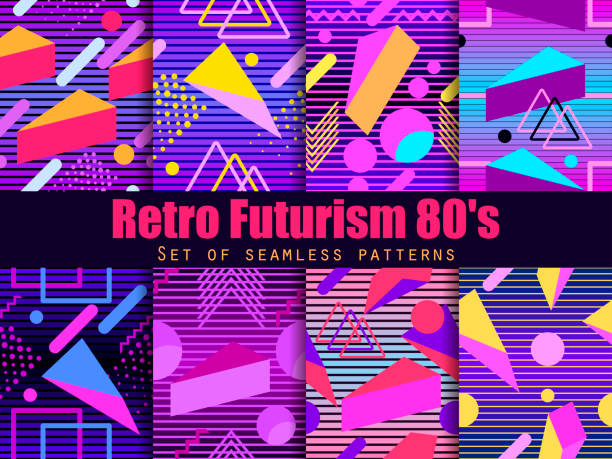 Retro futurism seamless pattern set. Geometric elements  in the style of 80's. Synthwave retro background. Retrowave. Vector illustration Retro futurism seamless pattern set. Geometric elements  in the style of 80's. Synthwave retro background. Retrowave. Vector illustration 1980 stock illustrations