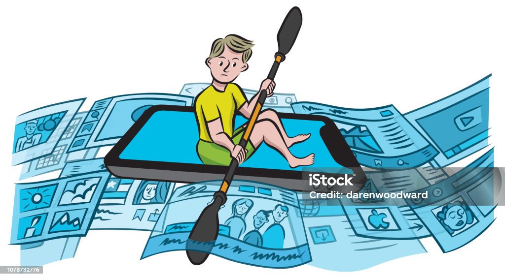 Navigating the internet Navigating an ocean of online media Child stock vector