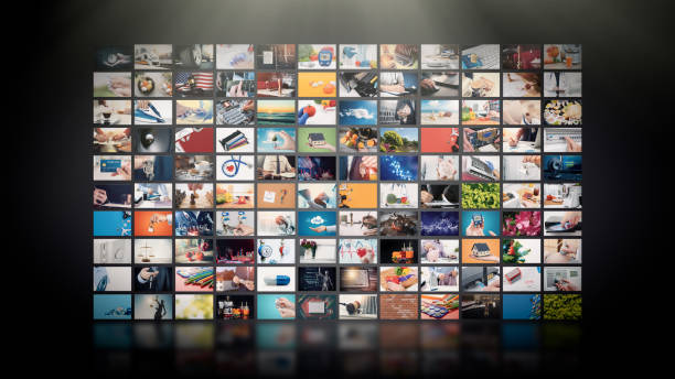 Television streaming video. Media TV on demand Television streaming video concept. Media TV video on demand technology. Video service with internet streaming multimedia shows, series. Digital collage wall of screen abstract composition contented emotion photos stock pictures, royalty-free photos & images