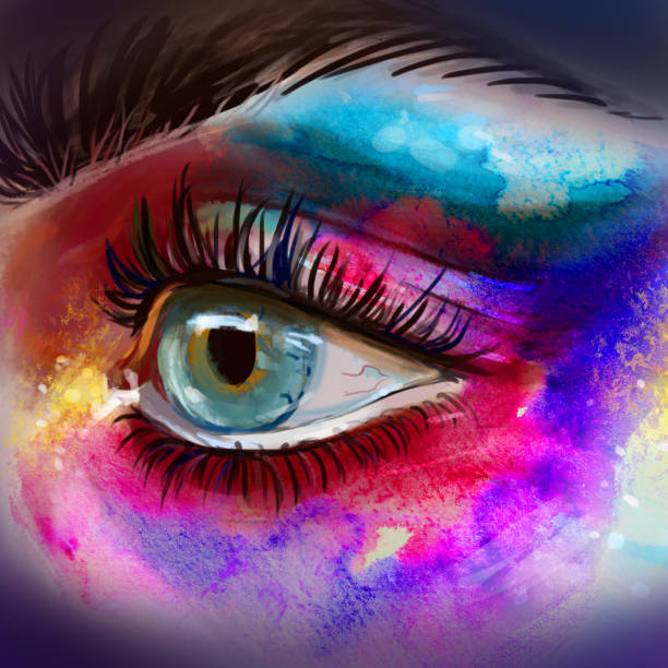 istock Beautiful eye make up sketch.Beautiful eye with big lashes. watercolor hand drawn illustration of colorful women eye. 1078748006