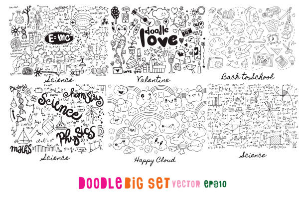 illustrations, cliparts, dessins animés et icônes de doodle set big, science, amour, valentine, retour à l’école, nuage, main dessinée vector illustration de doodle, outils de ligne d’illustrator, dessin, design plat - fête de lécole