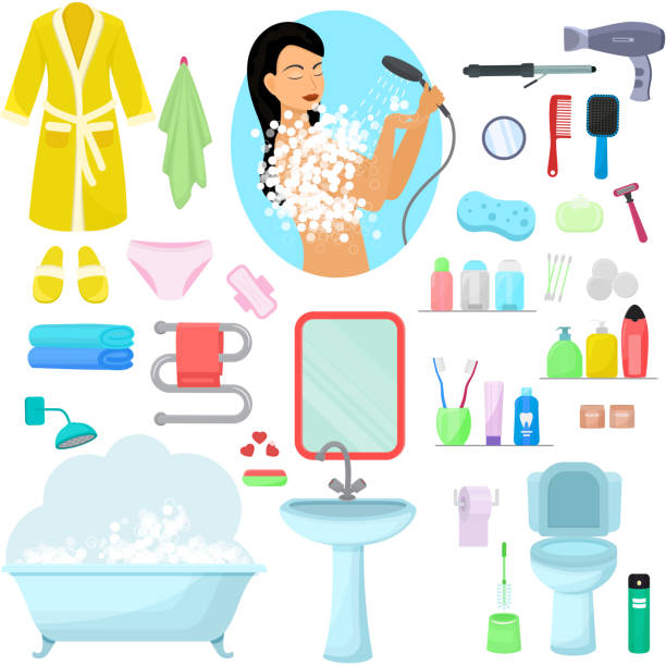 위생 화장품 벡터 위생 샤워 하는 아름 다운 여자 - hygiene bathtub symbol toothbrush stock illustrations