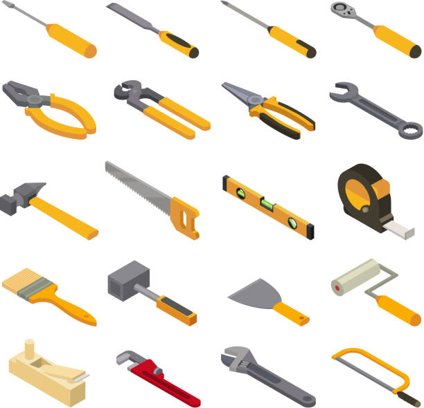 Hand tool vector construction handtools hammer pliers and screwdriver of toolbox isometric illustration workshop industrial set of carpenters spanner and hand-saw isolated on white background vector art illustration