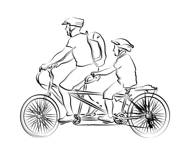 Double Bicycle Father And Son Father cycling on a tandem with his child cycling bicycle pencil drawing cyclist stock illustrations
