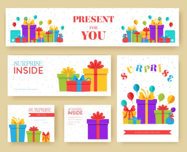 Vector illustration of Gift information cards set. Surprise template of flyer, magazines, posters, book cover, banners. Box infographic concept  background. Layout illustrations modern pages with typography text