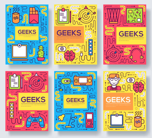 It geeks thin line brochure cards set. Office professional developer template of flyer, magazines, posters, book cover, banners. Outline invitation concept. Workplace technology layout pages design It geeks thin line brochure cards set. Office professional developer template of flyer, magazines, posters, book cover, banners. Outline invitation concept. Workplace technology layout pages game developer stock illustrations