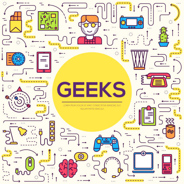 Vector outline it geeks people icons illustrations set. Flat thin line office professional developer around workplace technology concept design Vector outline it geeks people icons illustrations set. Flat thin line office professional developer around workplace technology concept game developer stock illustrations