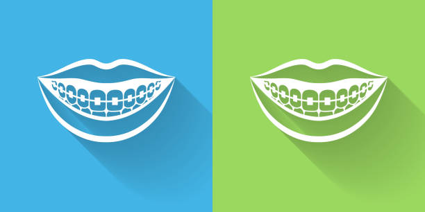Smiling Mouth & Braces Icon with Long Shadow Smiling Mouth & Braces Icon with Long Shadow. The icon is on Blue Green Background with Long Shadow. There are two background color variations included in this file. The icon is rendered in white color and the background is blue or green. There is also a 45 degree long shadow. blue and green braces stock illustrations