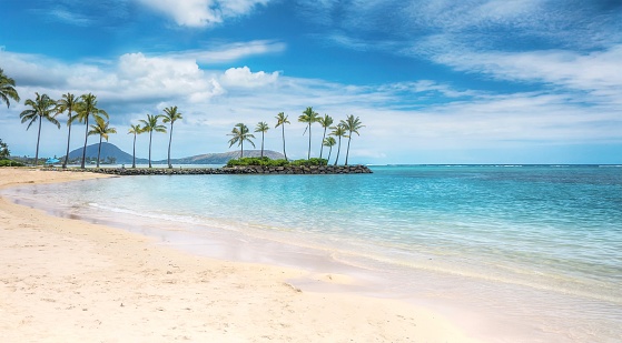 Una escena de playa en la zona de Kahala de Honolulu, con aguas color turquesa poco profundas, arena blanca fina, una vista de cocoteros y cabeza de diamante en el fondo. photo