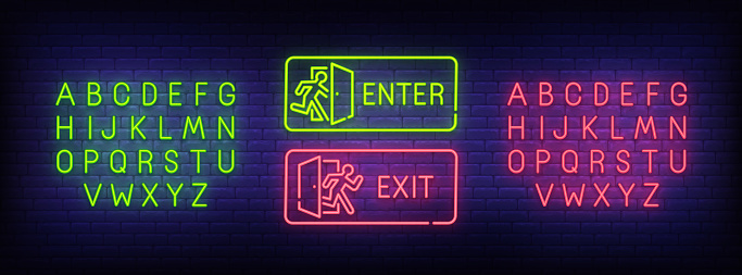 Enter neon sign, Exit neon sign. bright signboard, light banner. Neon text edit. Design template. Vector illustration.