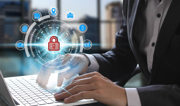 istock Businessman hand use laptop computer with padlock icon technology 1078914832