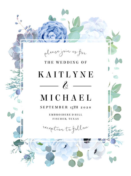 illustrazioni stock, clip art, cartoni animati e icone di tendenza di rosa blu polverosa, echeveria succulenta, ortensia bianca, ranuncolo, anemone - ortensia