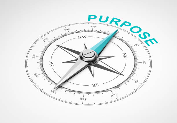 Compass on White Background, Purpose Concept Magnetic Compass with Needle Pointing Blue Purpose Word on White Background 3D Illustration determination stock pictures, royalty-free photos & images