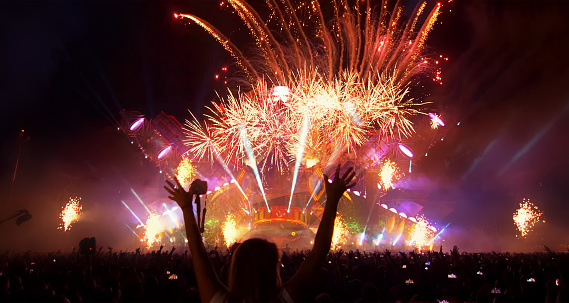 firework show over the old steel bride ,Phra Phuttha Yodfa Bridge at Bangkok, Thailand Theme Vijit ChaoPhraya2023 Bangkok Thailand