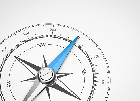 Magnetic Compass with Blue Needle with Copyspace on White Background 3D Illustration