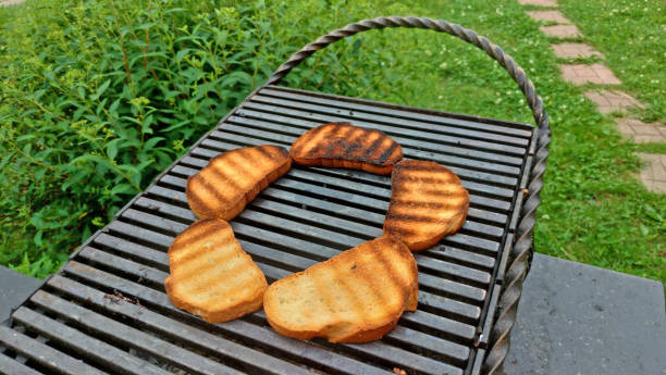Barbecue bread on the grill. Delicious fried bread for toast