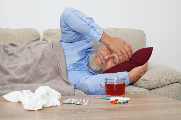sick elderly man - painkiller thermometer tea prescription medicine imagens e fotografias de stock