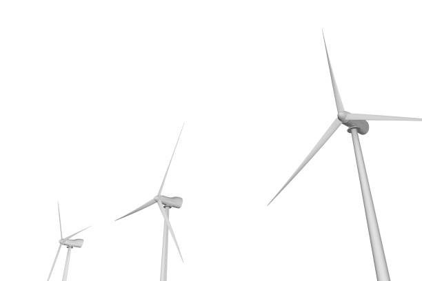 Three windmills with different angles of rotation - perspective view isolated on white background - eco power industrial illustration, 3D illustration