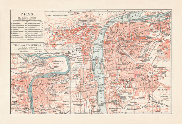 historischer stadtplan von prag, tschechische republik, lithographie, veröffentlicht 1897 - prag stock-grafiken, -clipart, -cartoons und -symbole