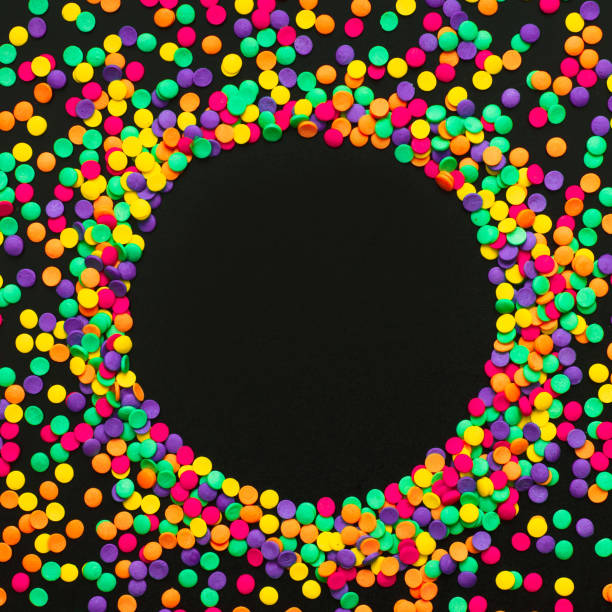 Round Frame of multicolored confetti Round Frame of multicolored confetti scattered on black background. Colorful Square holiday party background. Festive Web banner With Copy Space for text. Beautiful template for holiday greeting card 1354 stock pictures, royalty-free photos & images