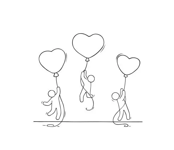 Vector illustration of little people with romantic balloons.