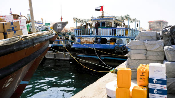 Deira, United Arab Emirates  - November 1, 2018: Loads are waiting to be shipped in the oldest port of Dubai in downtown Deira.