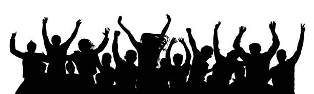 istock Cheerful crowd people. Stand alone, separate  group of people. Silhouette party celebrating. Applause people hands up. Vector Illustration 1079002026