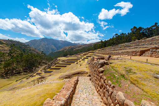 Chinchero Inca ruins are located at 3700 m above sea level, surrounded by the Andean mountains, at the Sacred Valley in Peru.