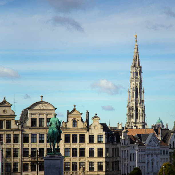 View of the Town Hall tower from Mont des Arts in Brussels, Belgium.