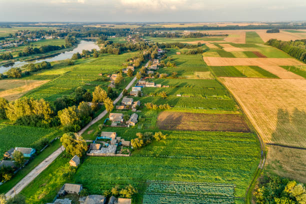 istock Russia, a typical rural settlement. Evening shot from the air 1079009956