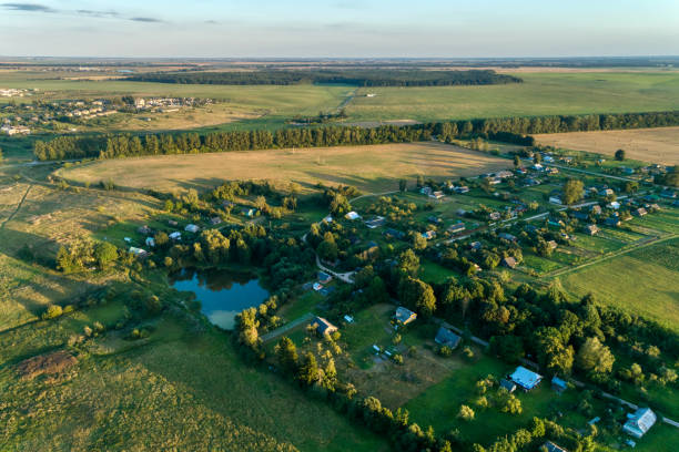 istock Russia, a typical rural settlement. Evening shot from the air 1079009958