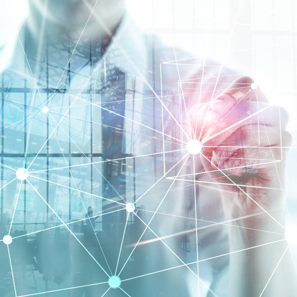 istock Blockchain network on blurred skyscrapers background. Financial technology and communication concept. 1079013506