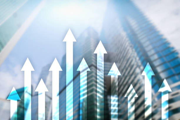 istock Up arrow graph on skyscraper background. Invesment and financial growth concept. 1079014006