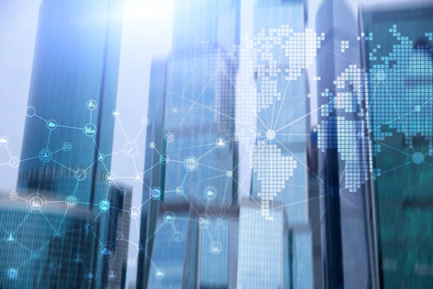 istock Double exposure mixed media. Diagrams, icons and relations structure on hologram screen. Business people and modern city on background. 1079016138